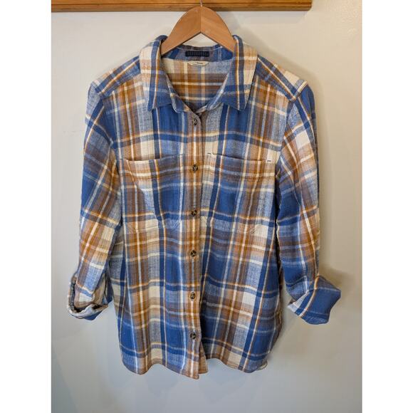 L.L. Bean Tops - L.L. Bean Women's Flannel Shirt Blue Camel Plaid Button Down Large Regular